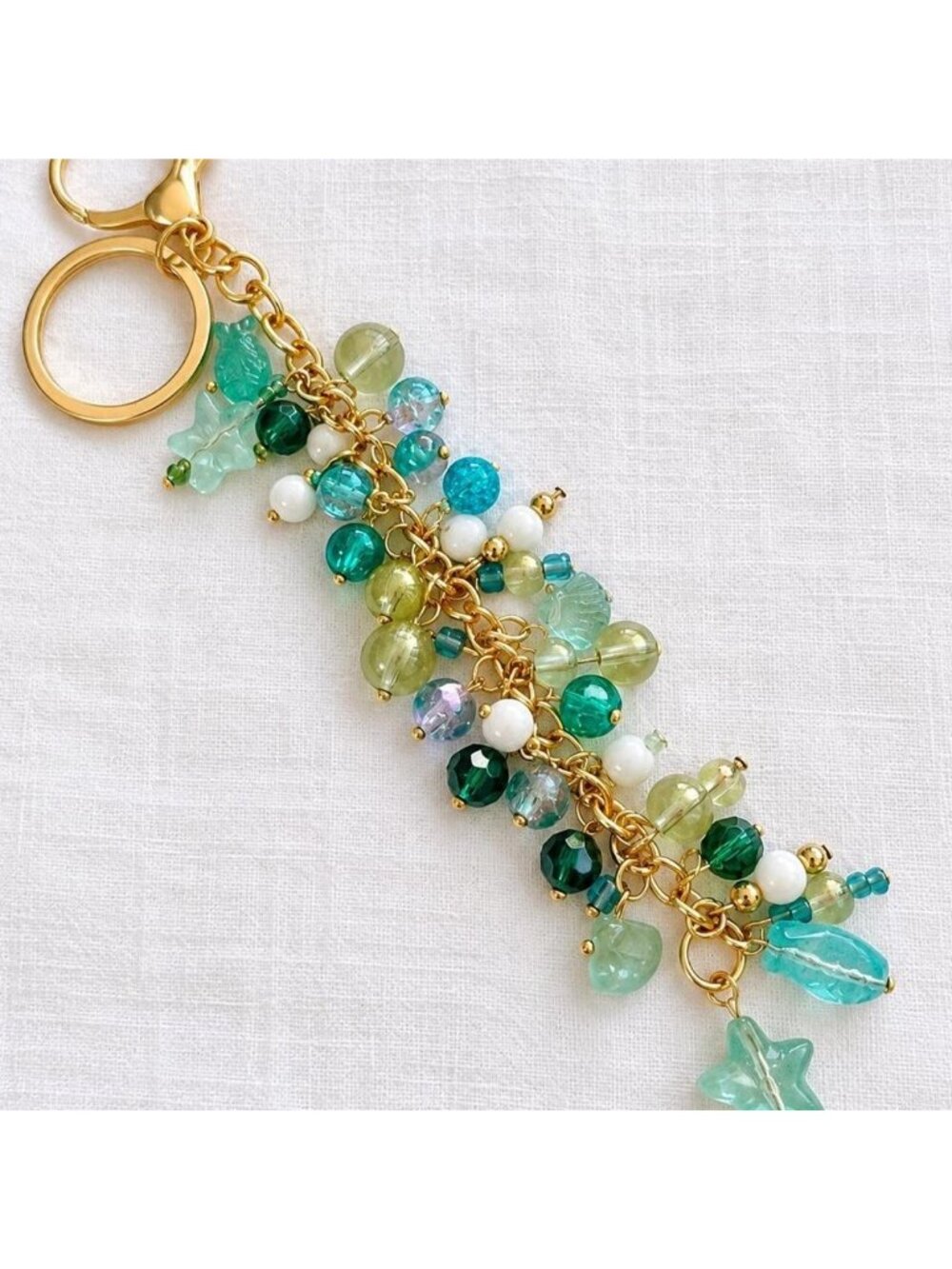 BEACH - Gold Tone Aqua & Emerald Beaded Purse Charm Keychain - by Reimagined
